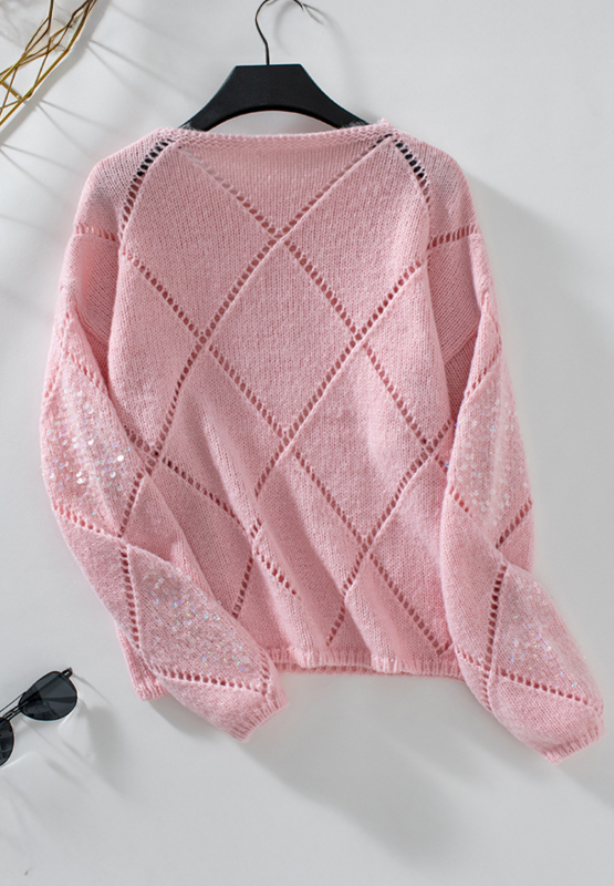 Openwork Sequin Round Neck Long Sleeve Sweater-Angel Casuals