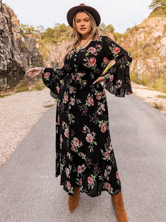 Plus Size Floral Flare Sleeve Dress-Angel Casuals