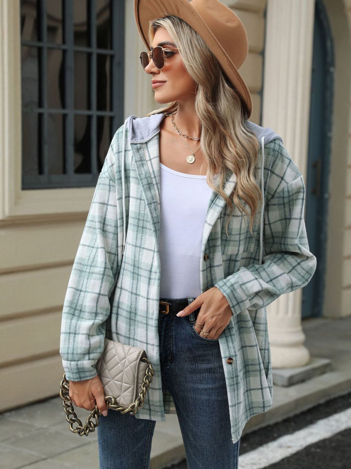 Drawstring Plaid Button Up Hooded Jacket-Angel Casuals