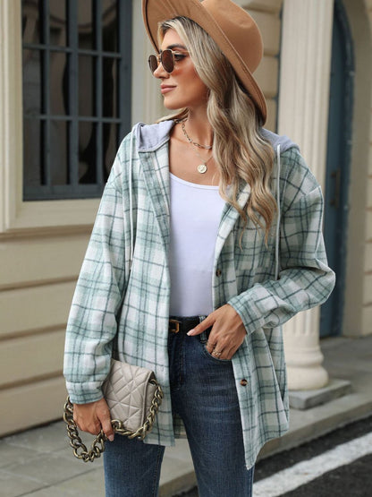 Drawstring Plaid Button Up Hooded Jacket-Angel Casuals