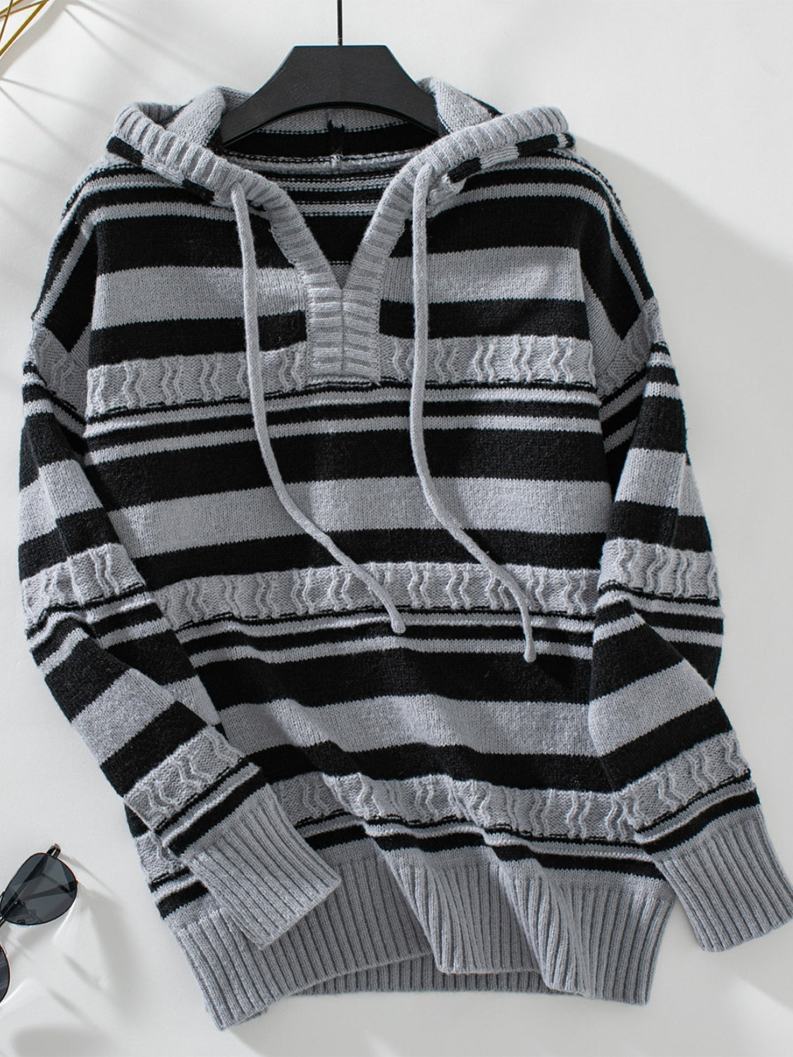 Drawstring Striped Long Sleeve Hooded Sweater-Angel Casuals