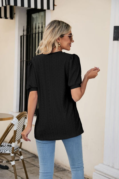 Eyelet Puff Sleeve V-Neck Top-Angel Casuals