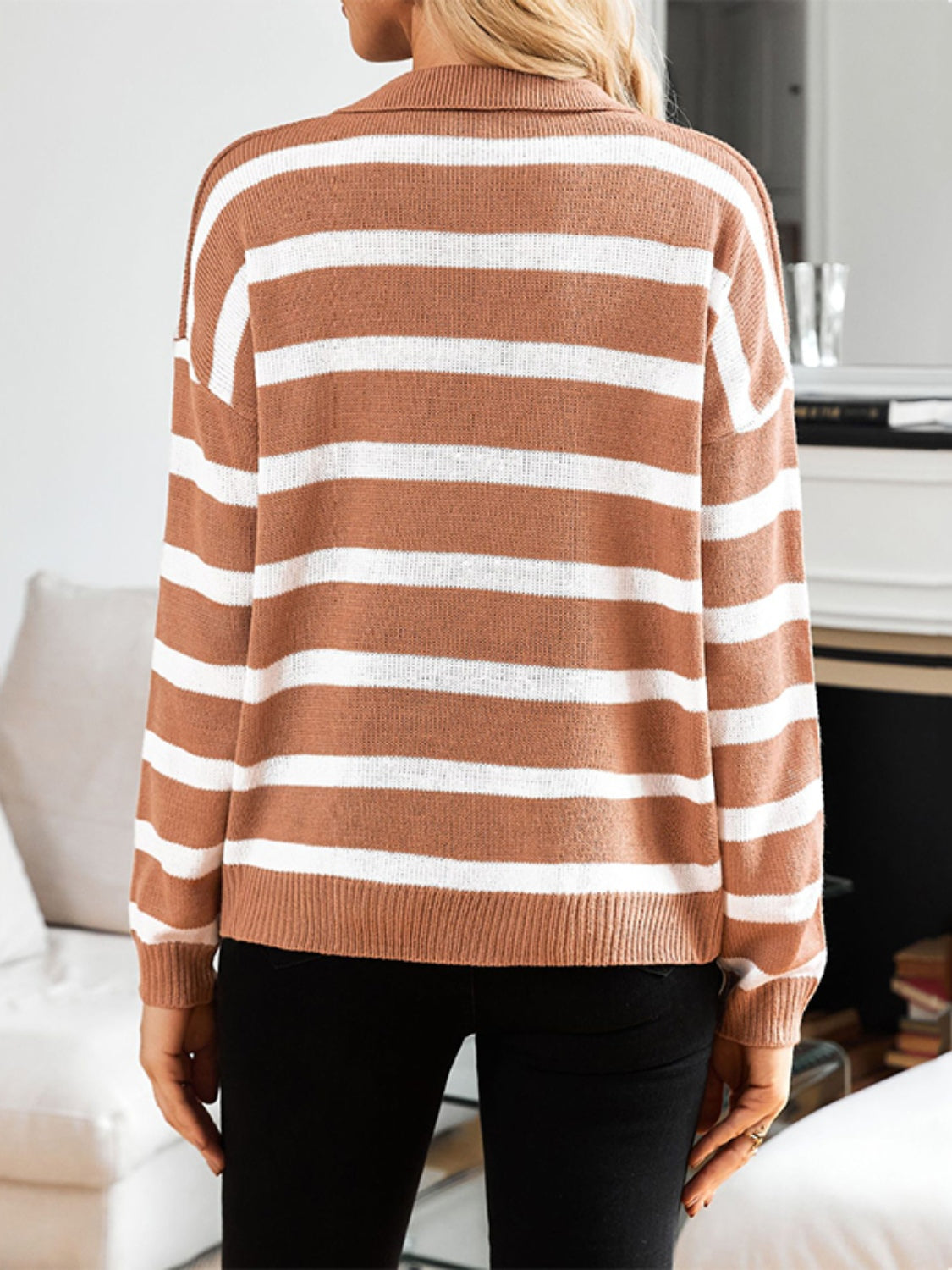 Striped Johnny Collar Long Sleeve Sweater-Angel Casuals