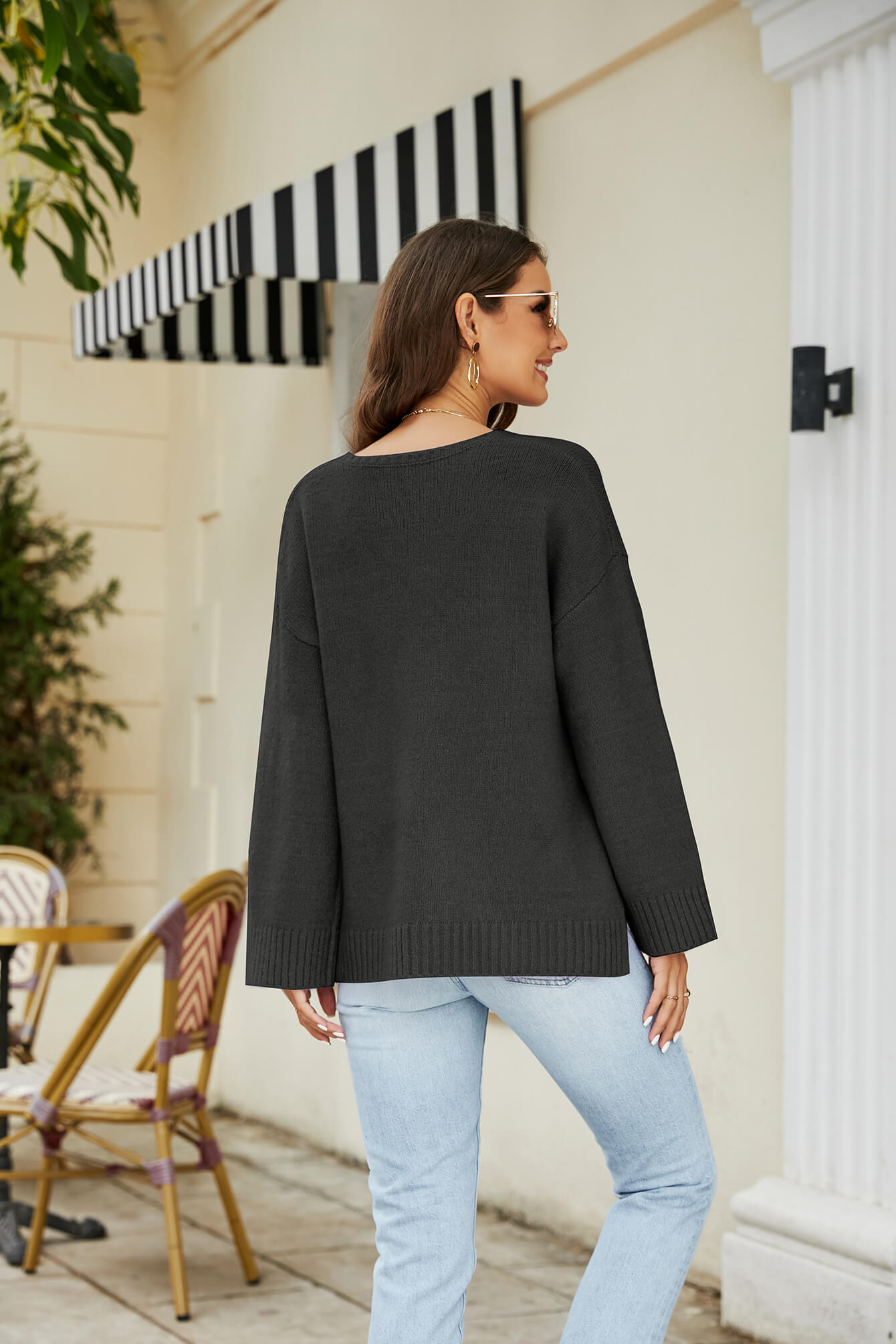 Drop Shoulder V-Neck Knit Pullover-Angel Casuals