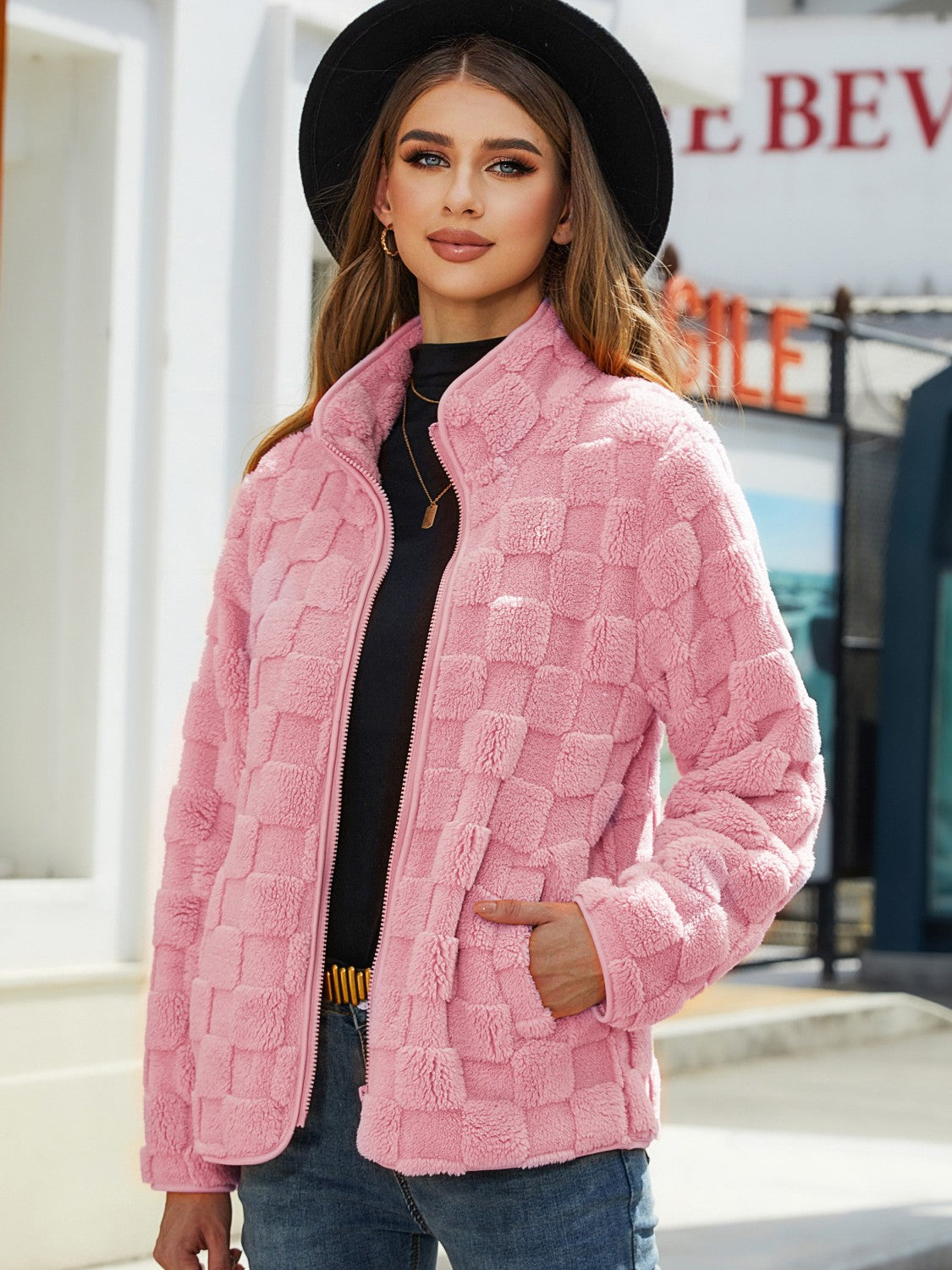 Fuzzy Checkered Zip Up Jacket-Angel Casuals