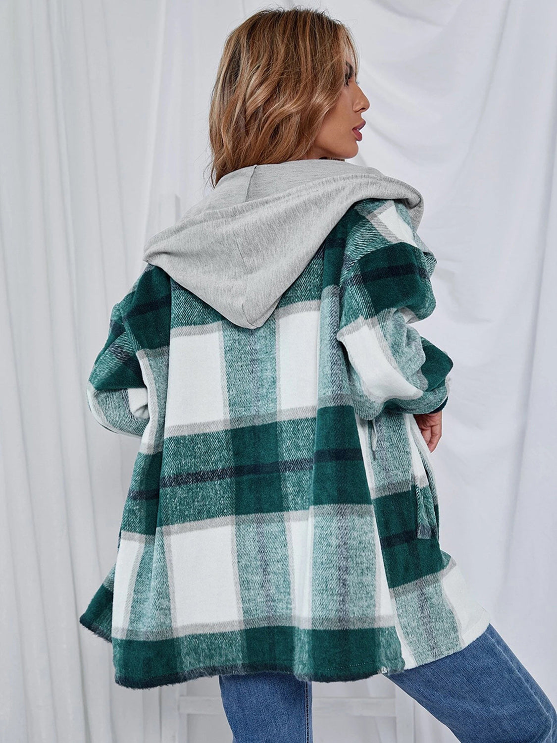 Plaid Hooded Jacket with Pockets-Angel Casuals