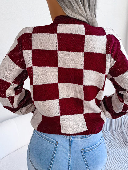 Checkered Mock Neck Long Sleeve Sweater-Angel Casuals