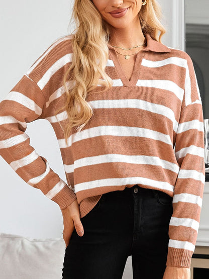 Many Striped Johnny Collar Long Sleeve Sweater-Angel Casuals