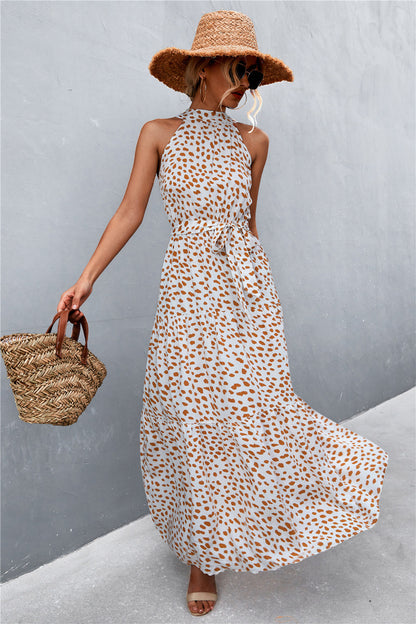 Printed Sleeveless Tie Waist Maxi Dress-Angel Casuals