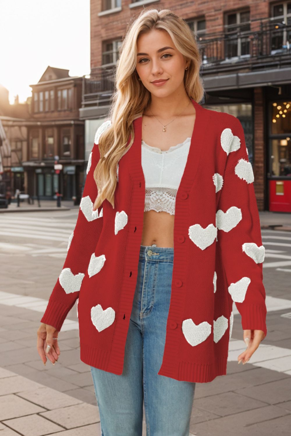 Heart Button Down Long Sleeve Cardigan-Angel Casuals