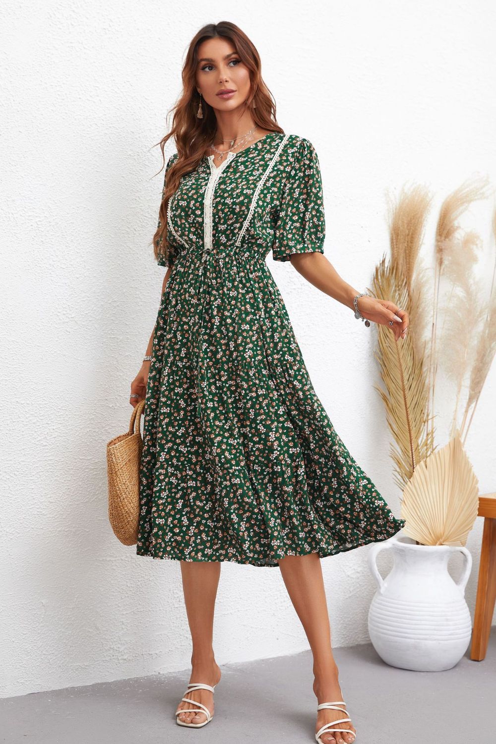 Floral Notched Neck Lace Trim Midi Dress-Angel Casuals