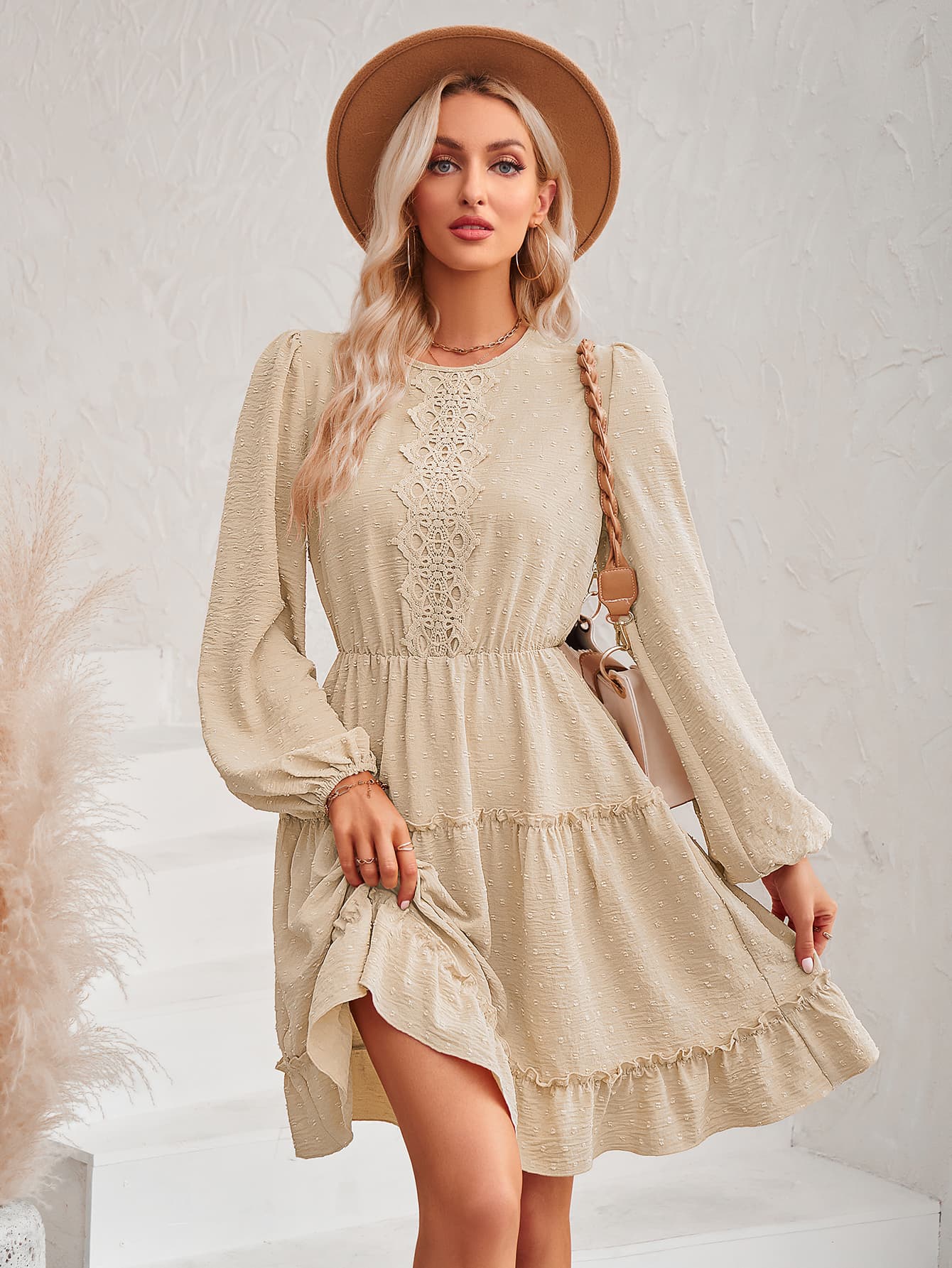 Swiss Dot Lace Trim Balloon Sleeve Dress-Angel Casuals