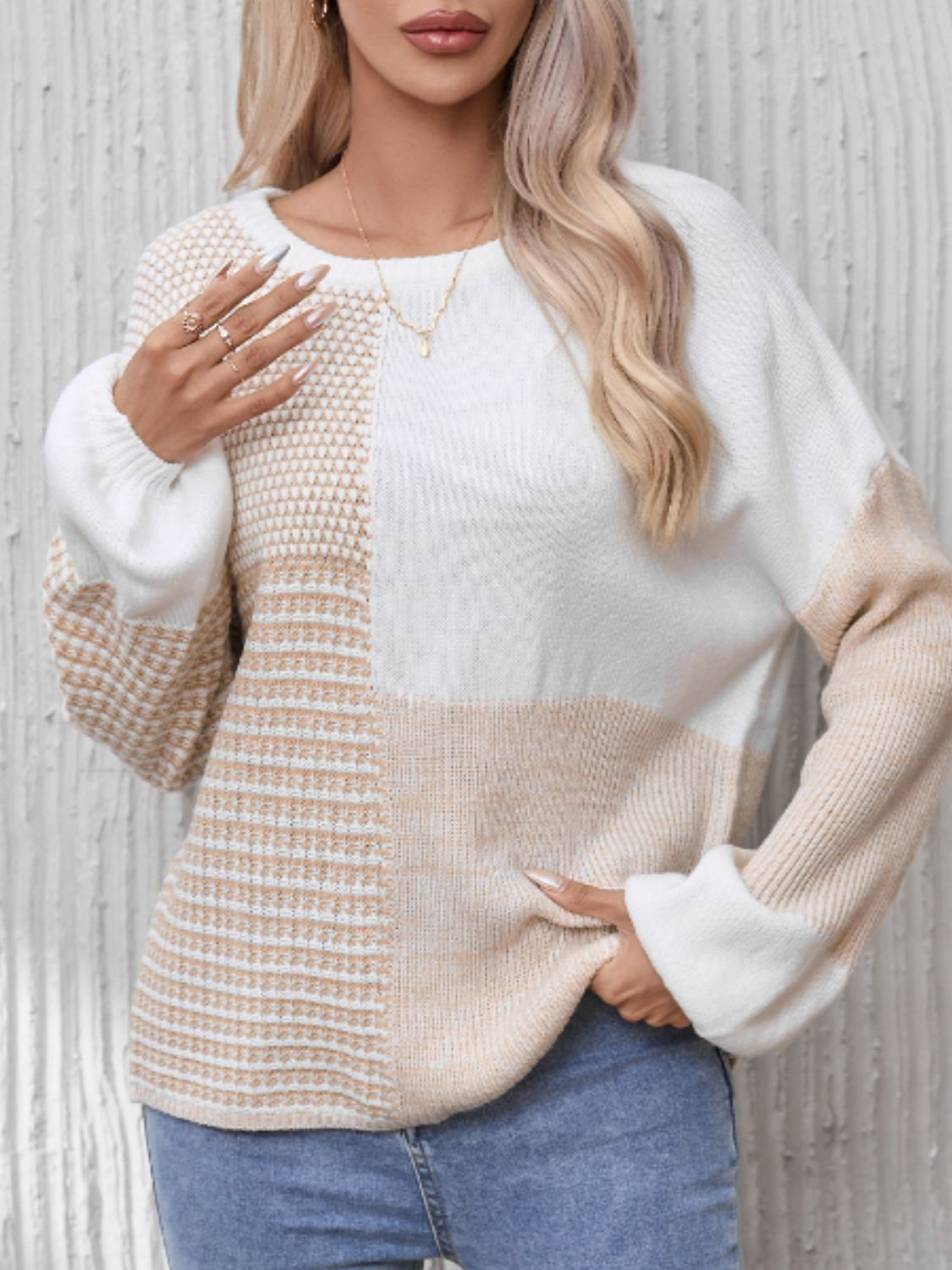 Contrast Round Neck Long Sleeve Sweater-Angel Casuals