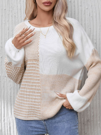 Contrast Round Neck Long Sleeve Sweater-Angel Casuals