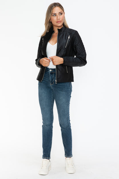 Snobbish Faux Leather Zip Up Mock Neck Jacket-Angel Casuals