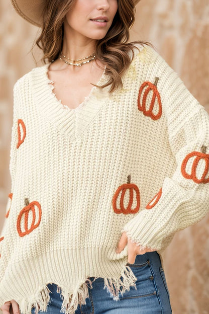 Raw Hem Pumpkin V-Neck Long Sleeve Sweater-Angel Casuals