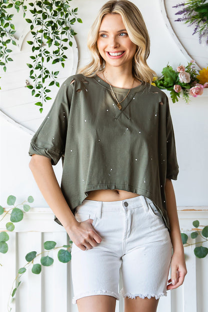 Distressed Asymmetric Hem Cropped Tee Shirt-Angel Casuals