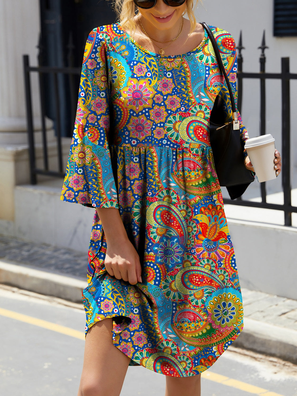 Paisley Print Round Neck Three-Quarter Sleeve Dress-Angel Casuals