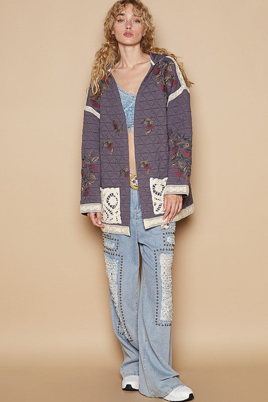 POL Embroidered Open Front Quilted Jacket with Crochet Pockets-Angel Casuals