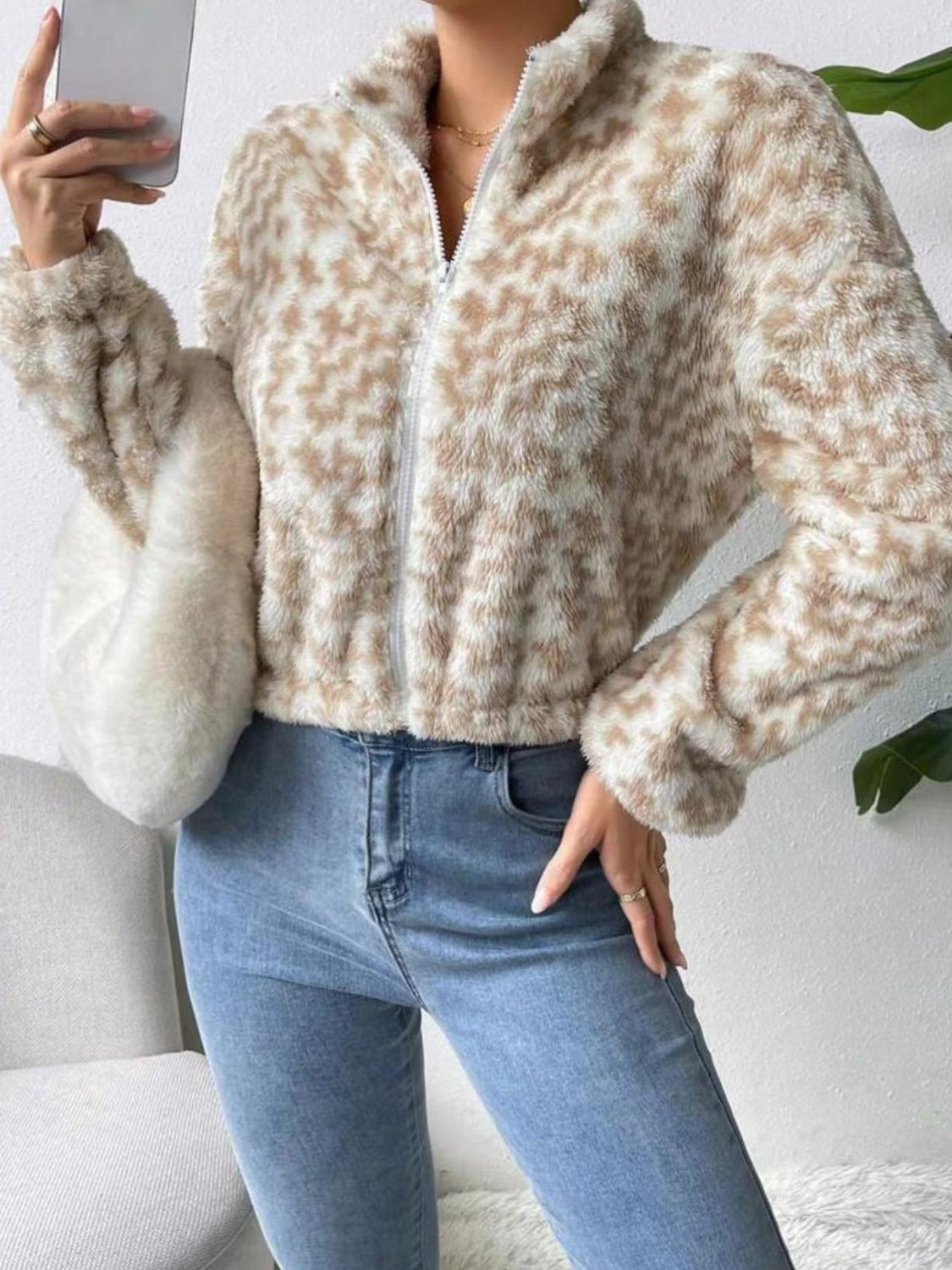 Zip Up Long Sleeve Fuzzy Outerwear-Angel Casuals