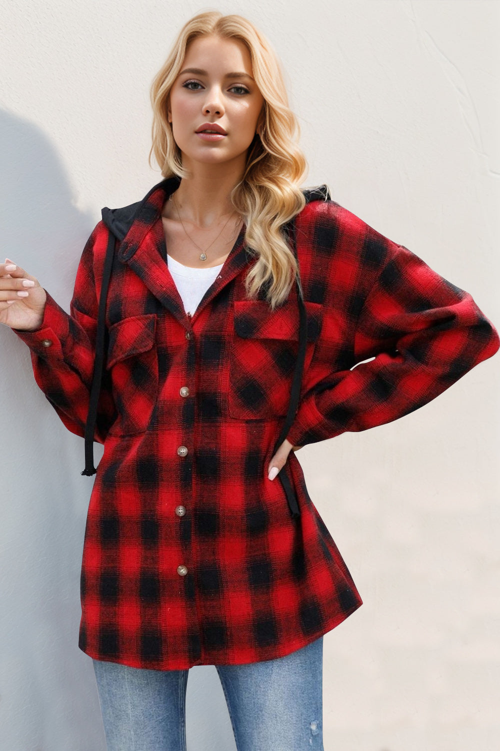 Double Take Drawstring Plaid Long Sleeve Hooded Shacket-Angel Casuals