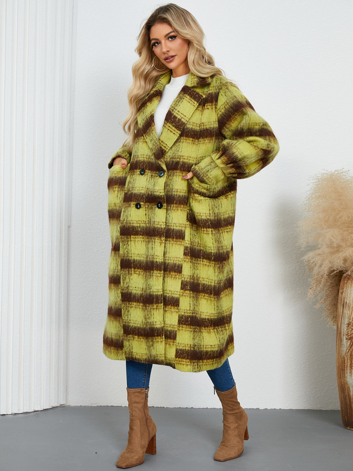 Contrast Double-Breasted Long Sleeve Longline Coat-Angel Casuals