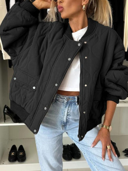 Baseball Collar Snap Down Long Sleeve Jacket-Angel Casuals