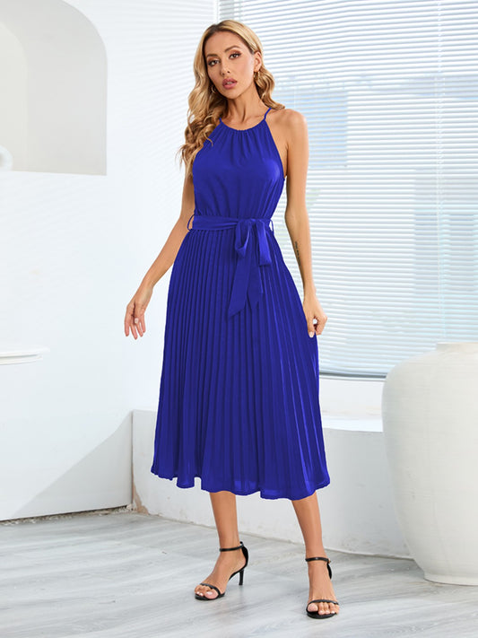 Pleated Spaghetti Strap Tie Waist Midi Dress-Angel Casuals