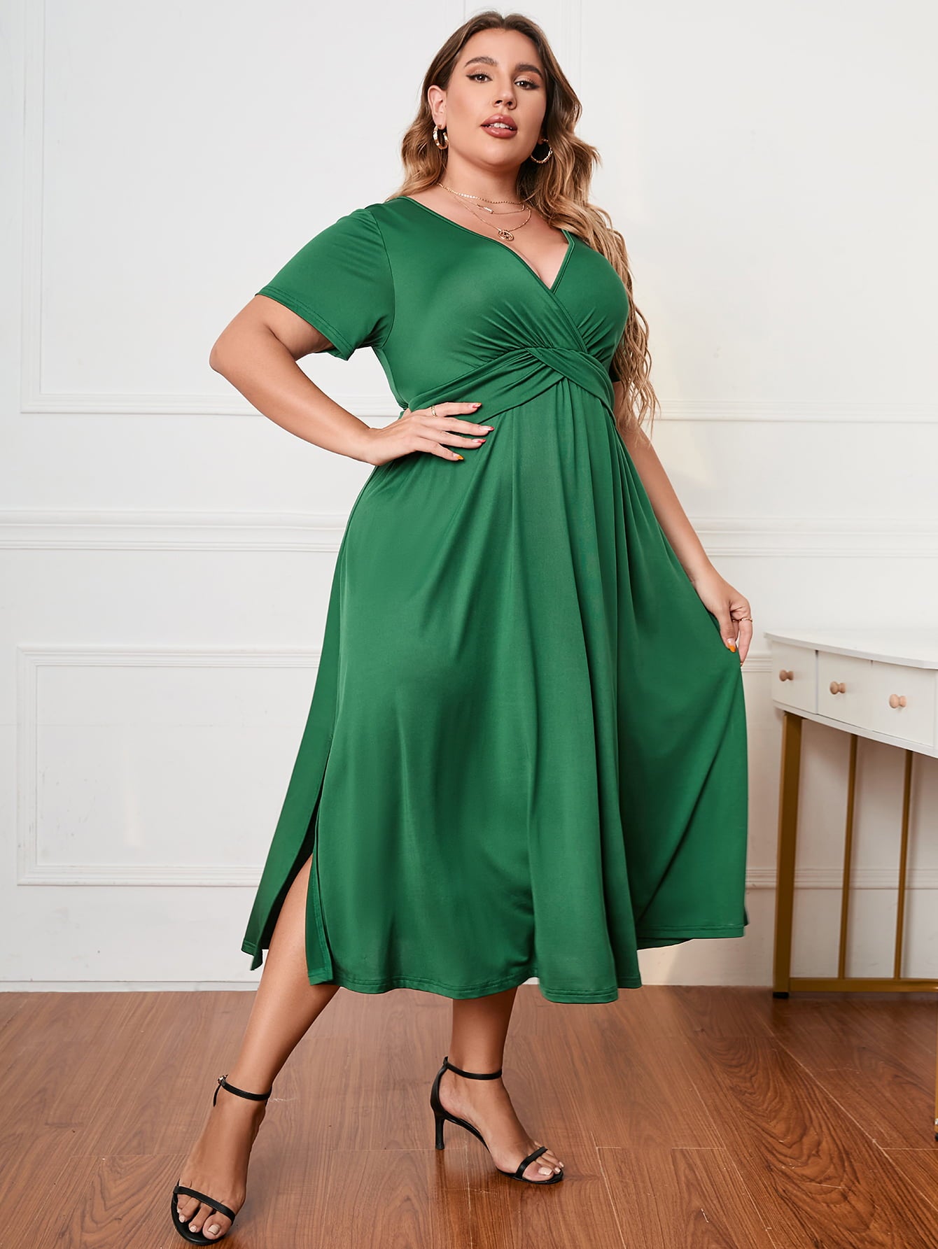 Plus Size Short Sleeve Surplice Neck Midi Dress-Angel Casuals