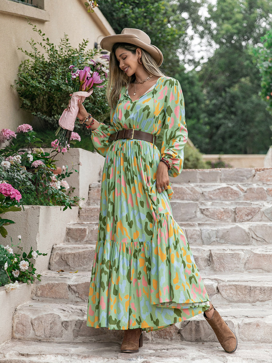 Printed Tie Neck Long Sleeve Maxi Dress-Angel Casuals