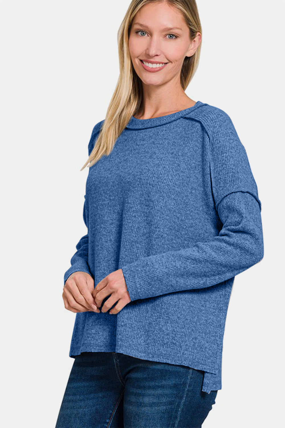 Zenana Full Size Exposed Seam Brushed Round Neck Sweater-Angel Casuals