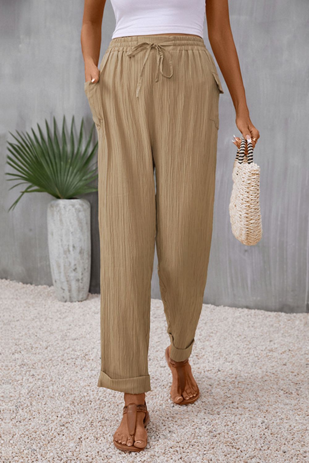 Tie Waist Pocketed Long Pants-Angel Casuals