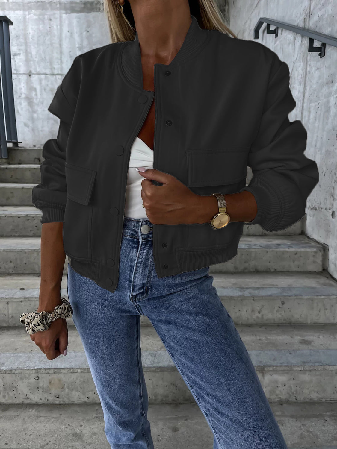 Baseball Collar Dropped Shoulder Jacket-Angel Casuals