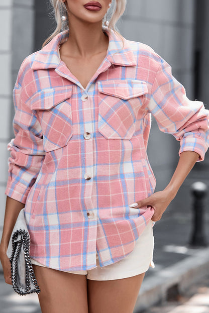 Plaid Pocketed Collared Neck Button Up Jacket-Angel Casuals