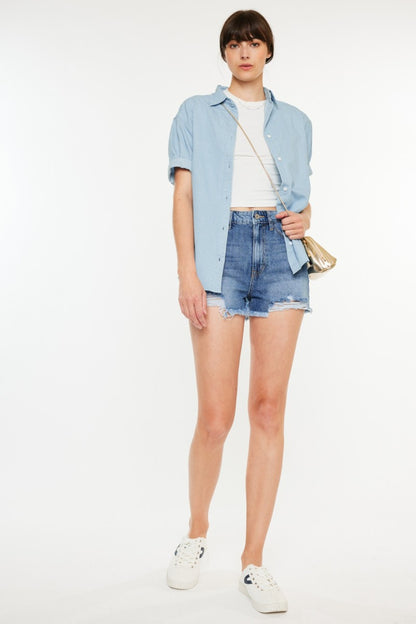 Kancan Distressed Raw Hem High Waist Denim Shorts-Angel Casuals