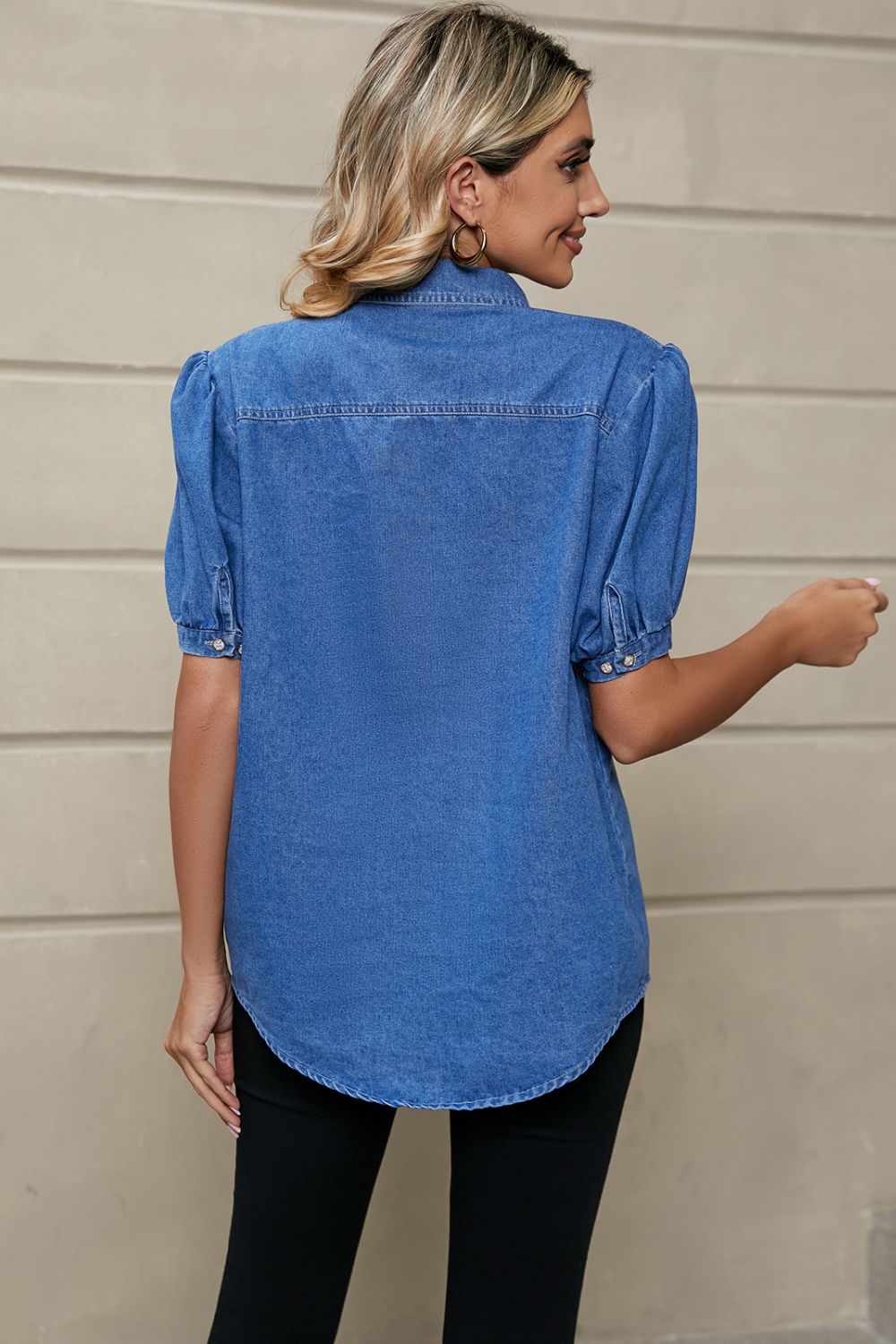 Puff Sleeve Collared Denim Top-Angel Casuals