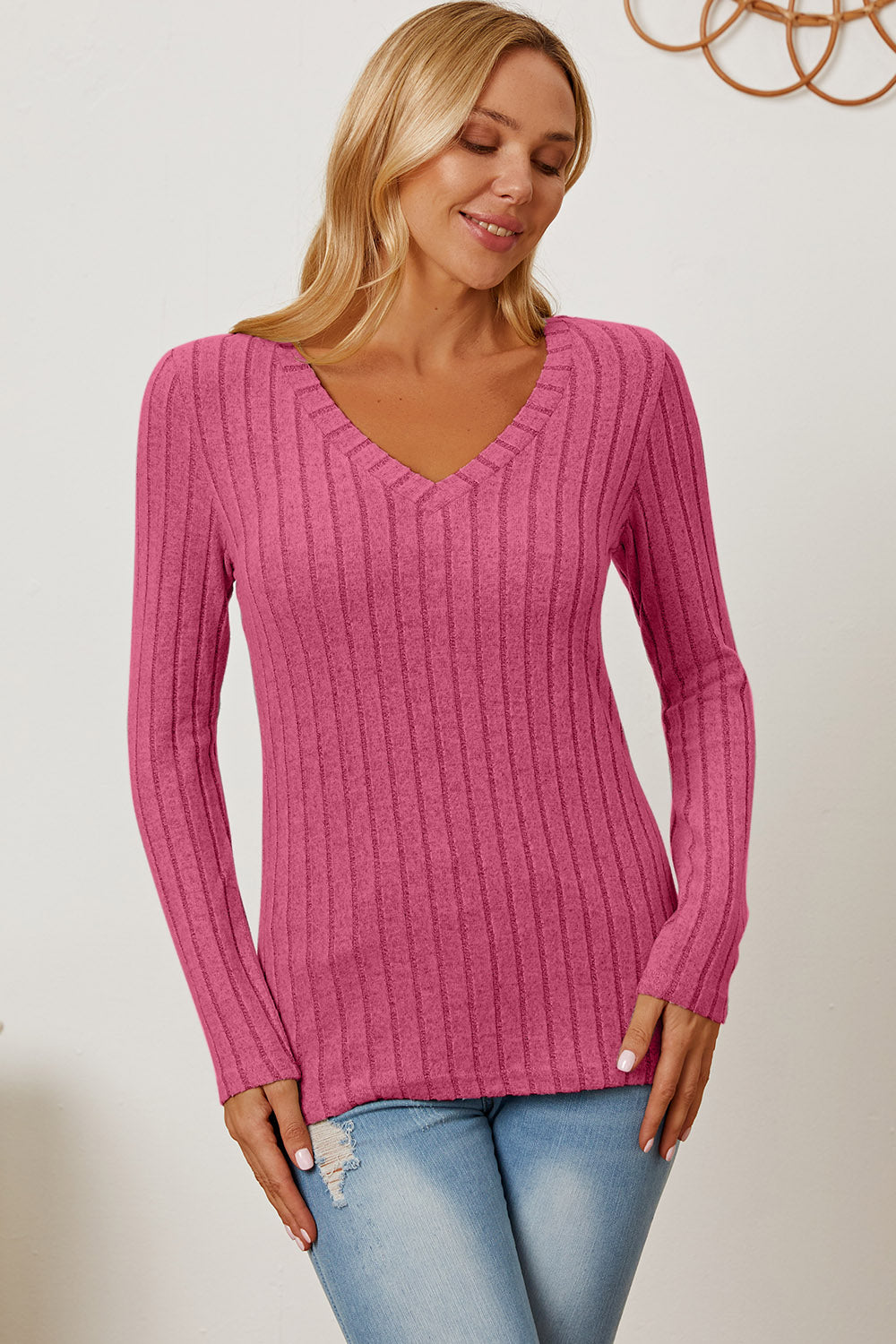 Basic Bae Full Size Ribbed V-Neck Long Sleeve T-Shirt-Angel Casuals