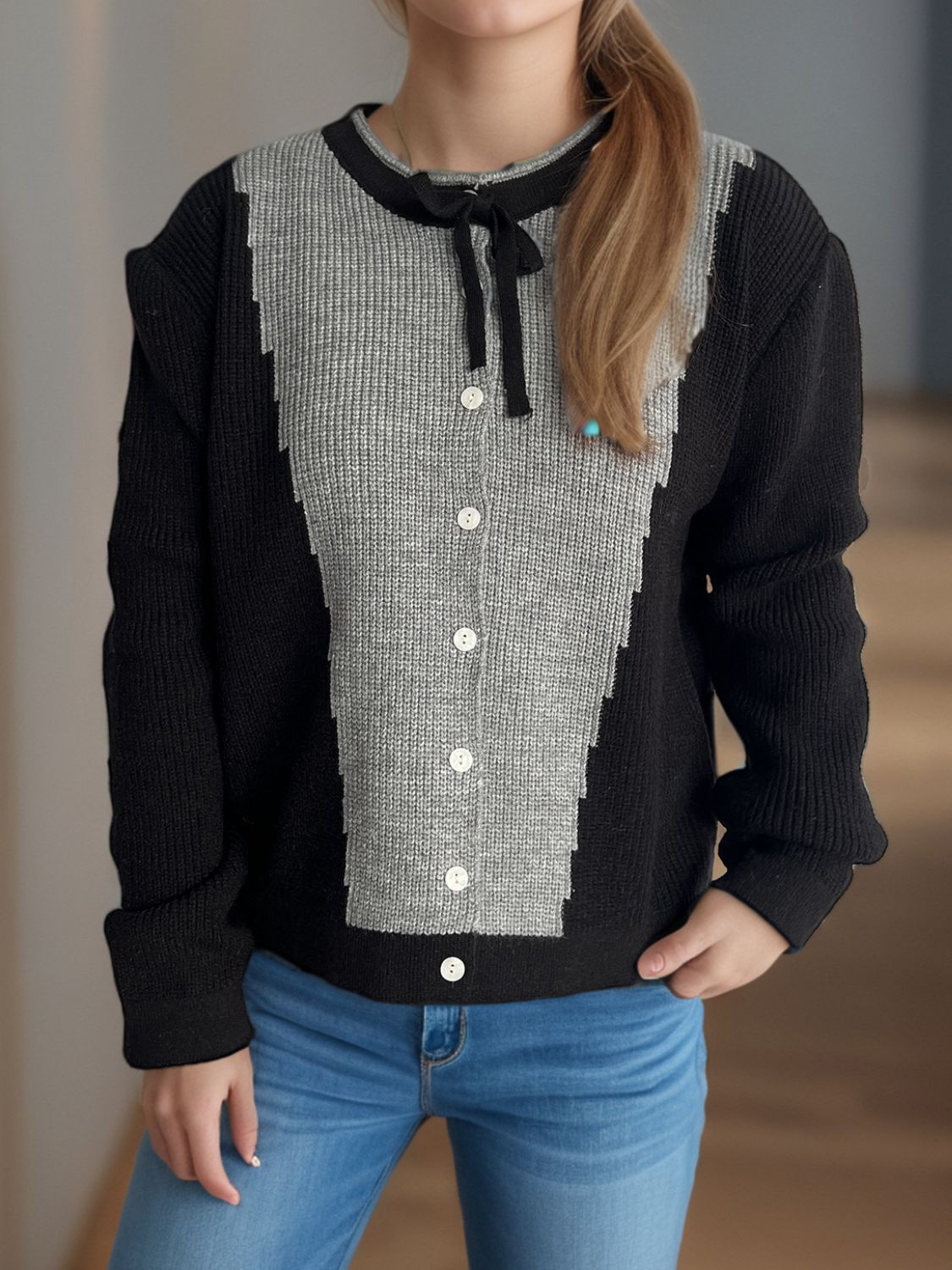 Contrast Button Down Long Sleeve Cardigan-Angel Casuals