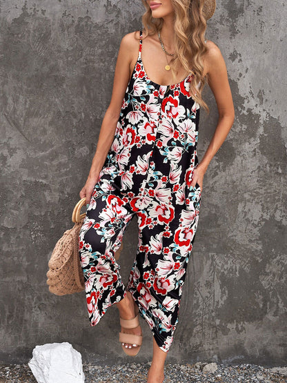 Printed Spaghetti Strap Jumpsuit with Pockets-Angel Casuals