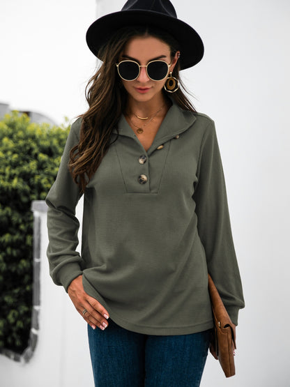 Half Button Long Sleeve T-Shirt-Angel Casuals