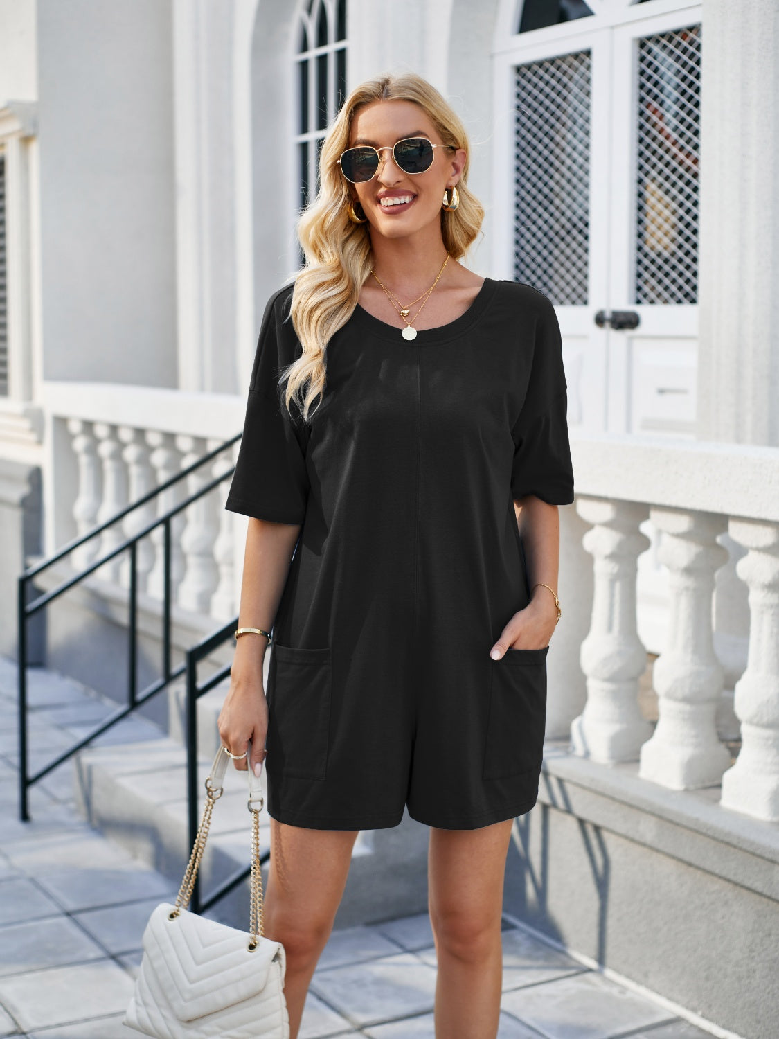 Backless Pocketed Round Neck Half Sleeve Romper-Angel Casuals