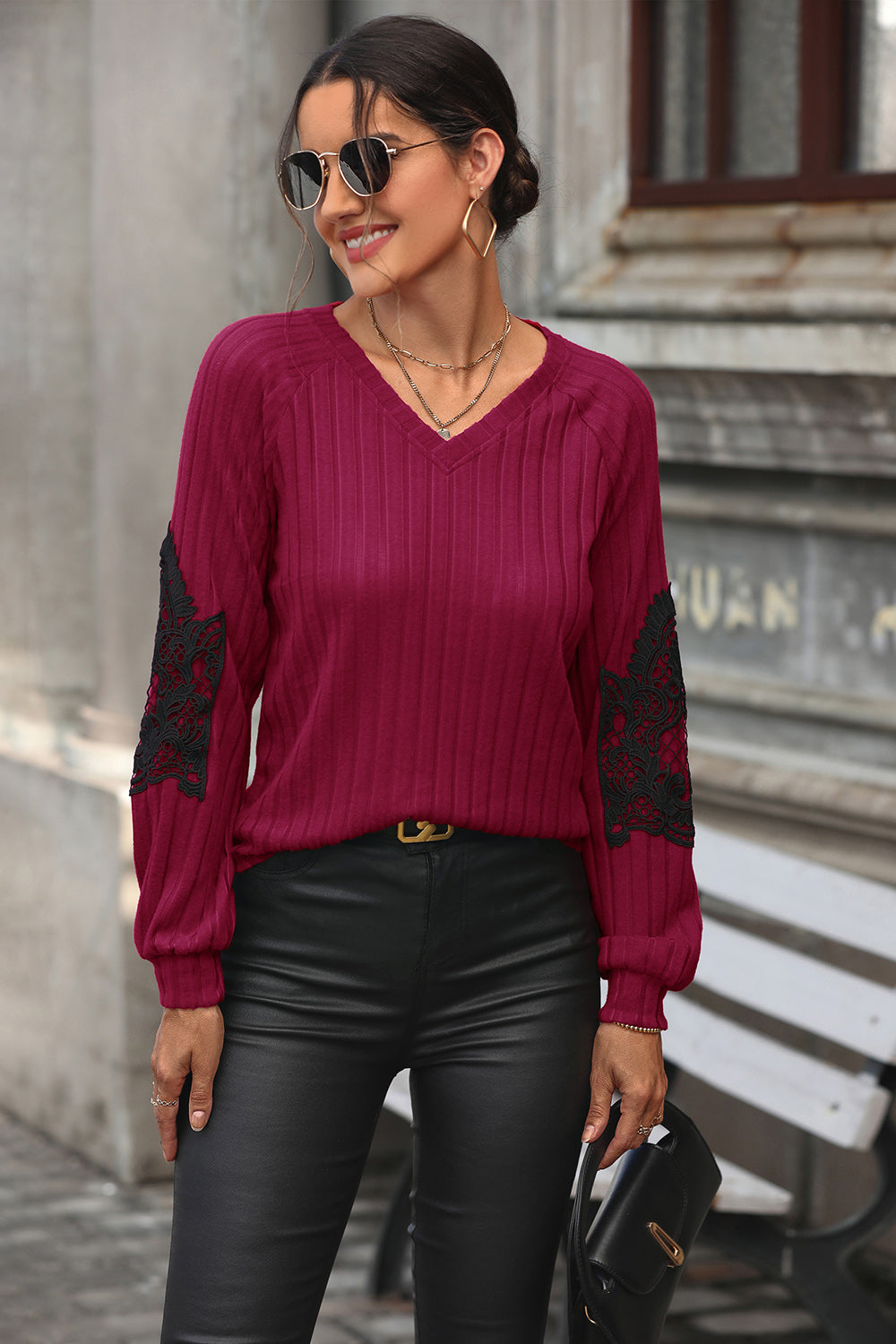 Perfee Ribbed Lace Detail V-Neck Sweater-Angel Casuals