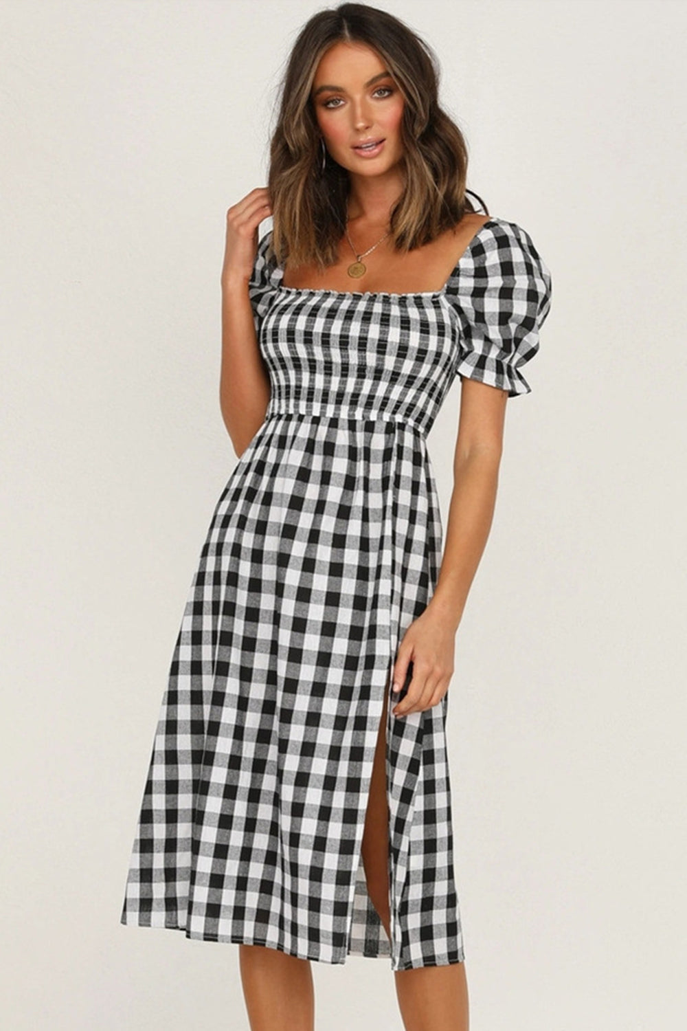 Full Size Slit Plaid Short Sleeve Midi Dress-Angel Casuals