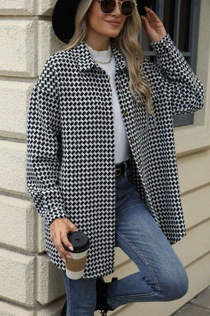 Houndstooth Button Up Dropped Shoulder Coat-Angel Casuals