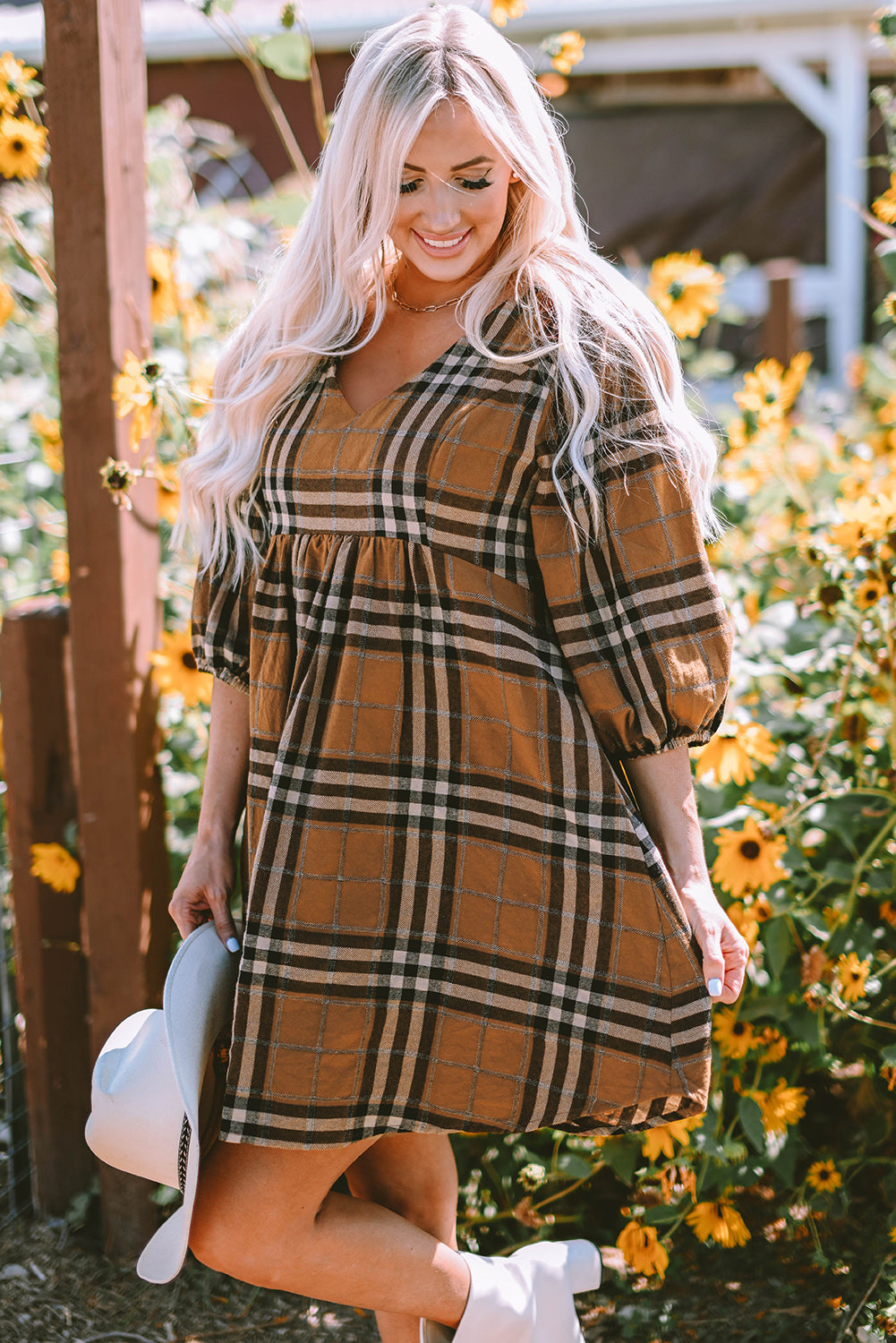 Plaid V-Neck Balloon Sleeve Dress-Angel Casuals