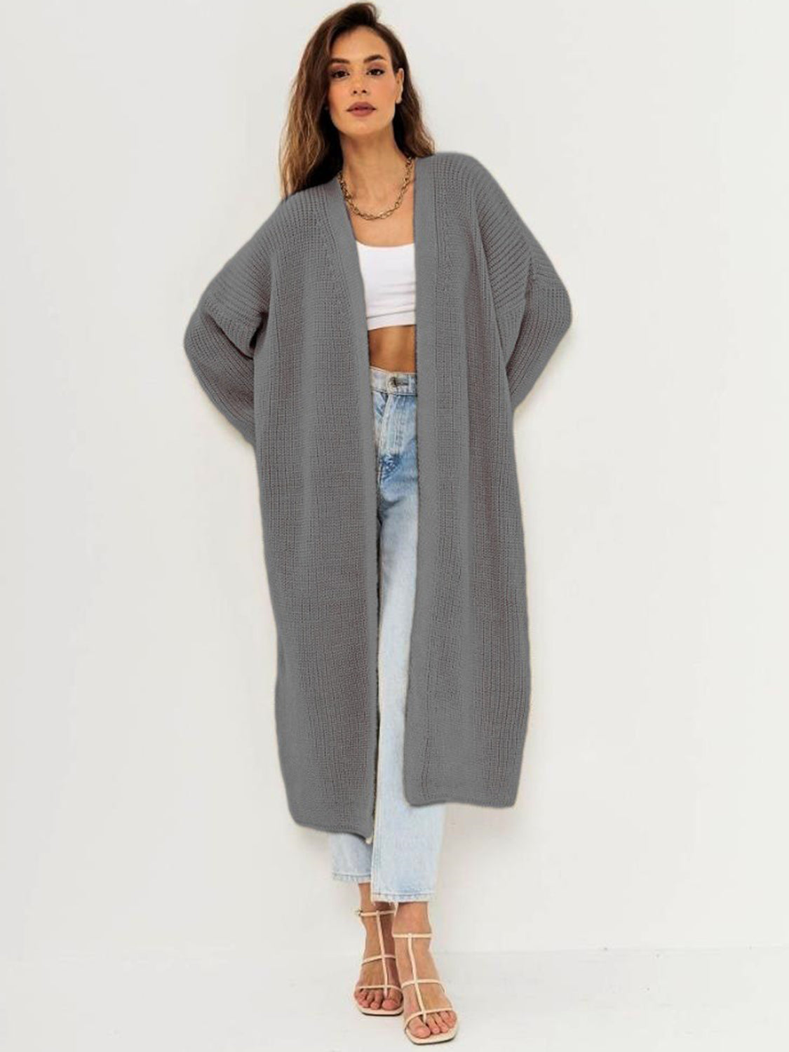 Open Front Long Sleeve Longline Cardigan-Angel Casuals