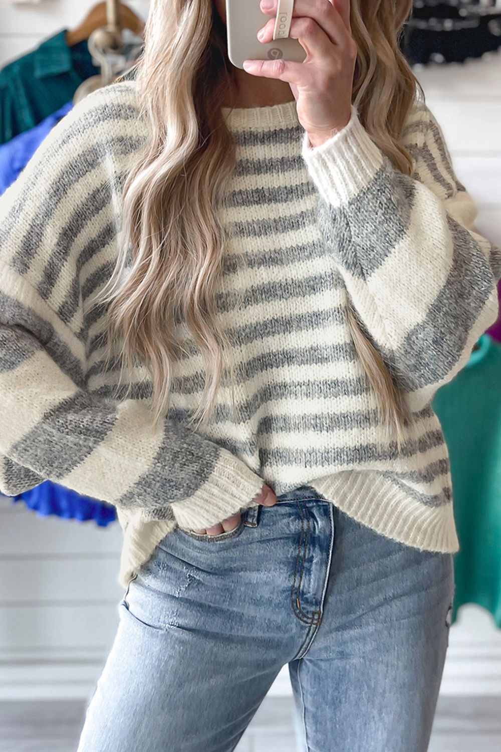 Striped Round Neck Dropped Shoulder Sweater-Angel Casuals