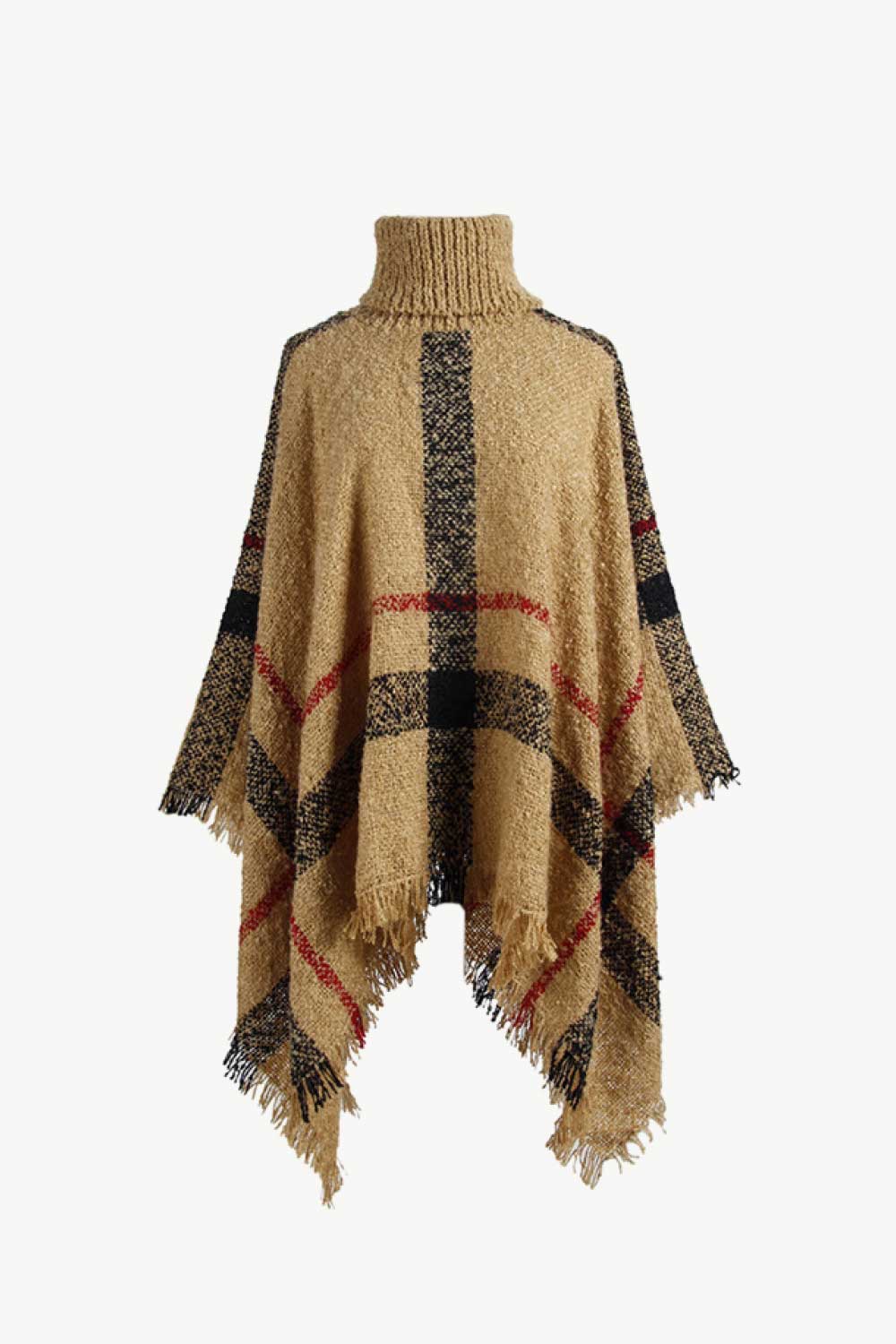 Plaid Turtleneck Raw Hem Poncho-Angel Casuals