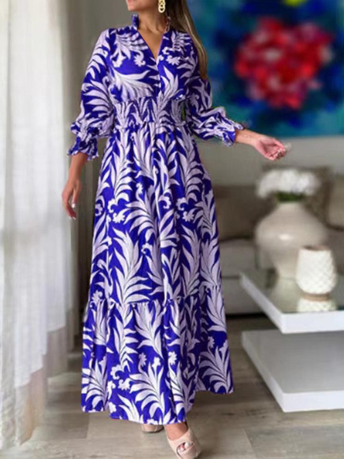 Printed Flounce Sleeve Maxi Dress-Angel Casuals