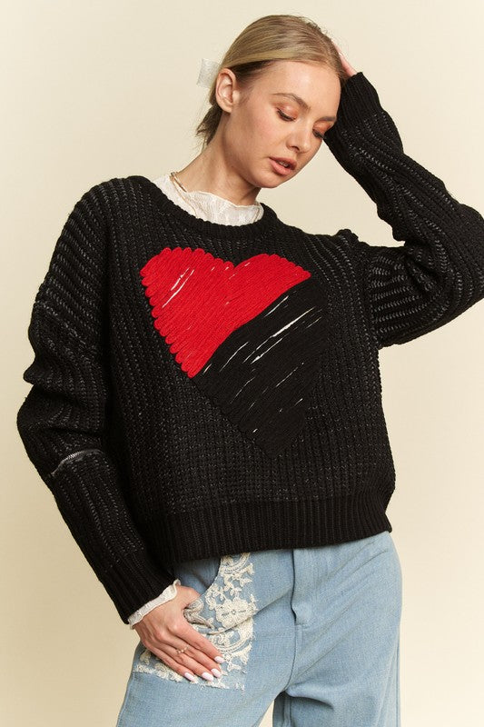 Davi & Dani Contrast Heart Dropped Shoulder Sweater-Angel Casuals